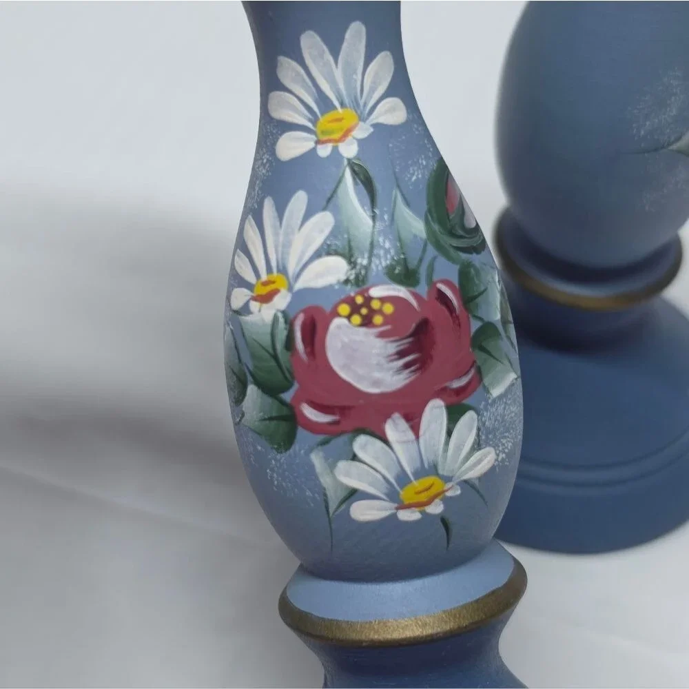 Vintage Swedish Handpainted Blue Floral Wooden Candlestick Holders Set Folk Art